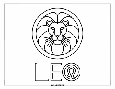 Kleurplaat van Leo voor kinderen: Omlijnd leeuwenhoofd in een cirkel met Leo-teken eronder