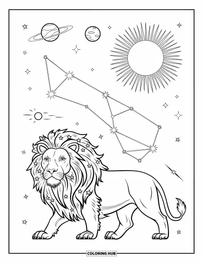 Kleurplaat van Leo voor kinderen: Leeuw met sterrenmanen wandelt onder het Leo-sterrenbeeld en de zon
