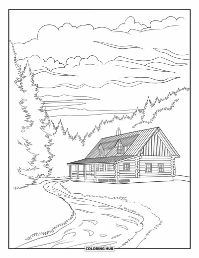 Desenho de cabana de madeira para colorir para adultos: Cabana ao pôr do sol com um rio sinuoso e céu dos sonhos