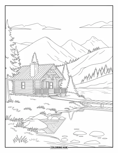 Desenho de cabana de madeira para colorir para adultos: Cabana à beira de um lago tranquilo com trapiche, árvores e colinas suaves