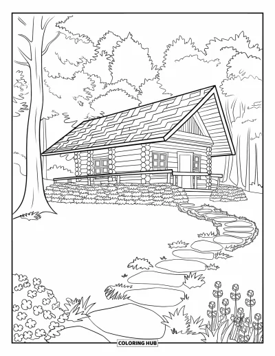 Desenho de cabana de madeira para colorir para adultos: Cabana em uma clareira tranquila com caminhos de pedra e vegetação frondosa