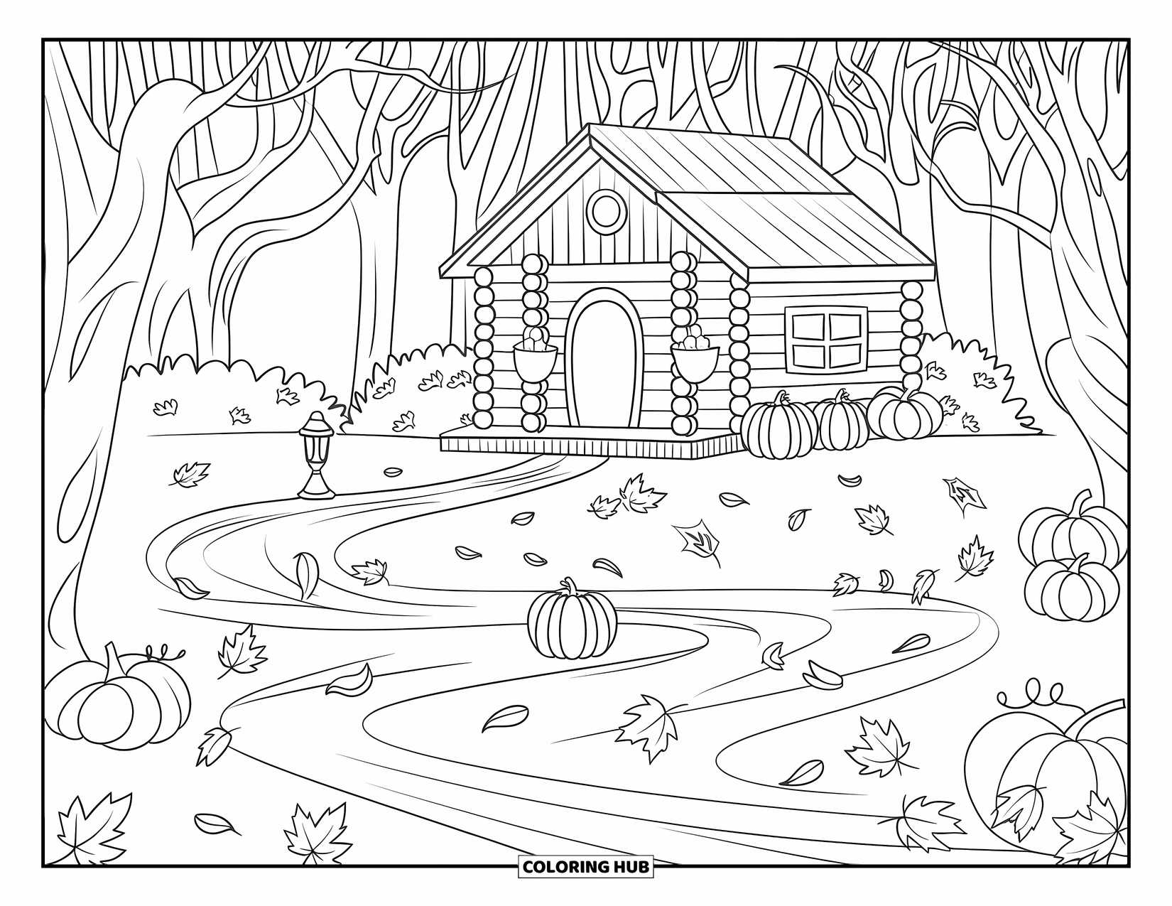 Log Cabin Coloring Page for Adults: Cabin in autumn with swirling leaves, pumpkins, and a lantern-lit path