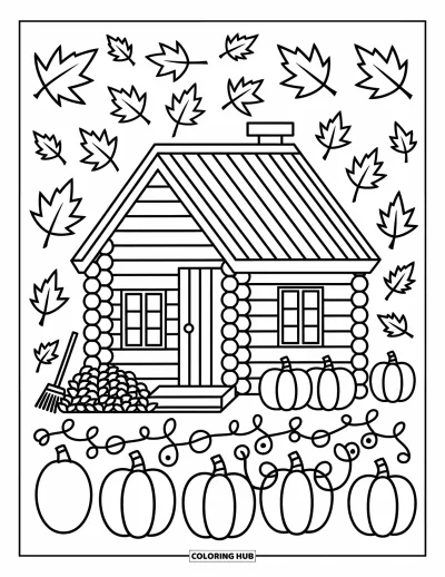 Desenho de cabana de madeira para colorir para adultos: Cabana no outono com monte de folhas, abóboras e um pequeno ancinho na varanda