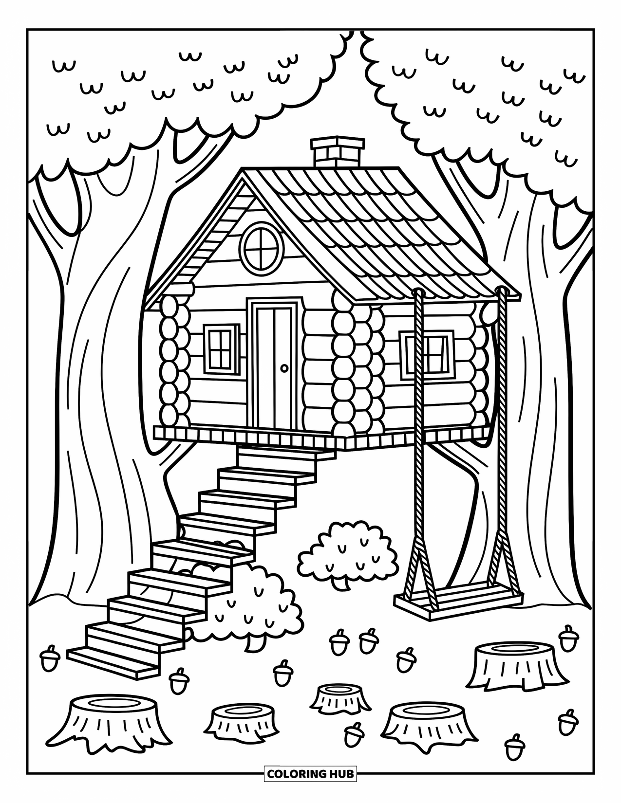 Log Cabin Coloring Page for Adults: Cabin in trees with spiral stairs, rope swing, and mini forest decorations