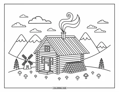 Desenho de cabana de madeira para colorir para adultos: Cabana na montanha com pilha de lenha, moinho de vento, nuvens e passarinhos alegres
