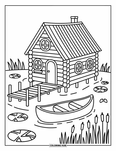 Desenho de cabana de madeira para colorir para adultos: Cabana sobre palafitas à beira da lagoa com canoa, vitórias-régias e taboa