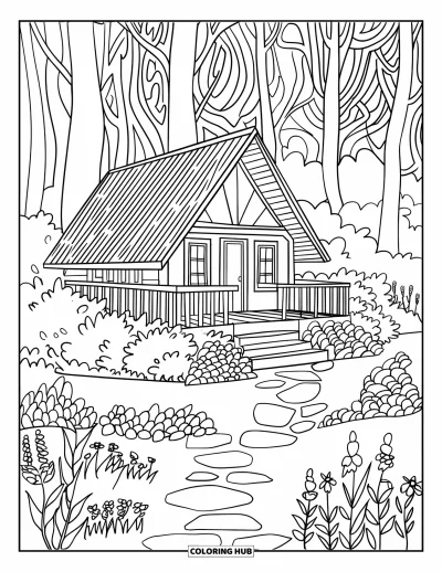 Desenho de cabana de madeira para colorir para adultos: Cabana cercada de árvores, caminhos de pedra e flores silvestres em flor