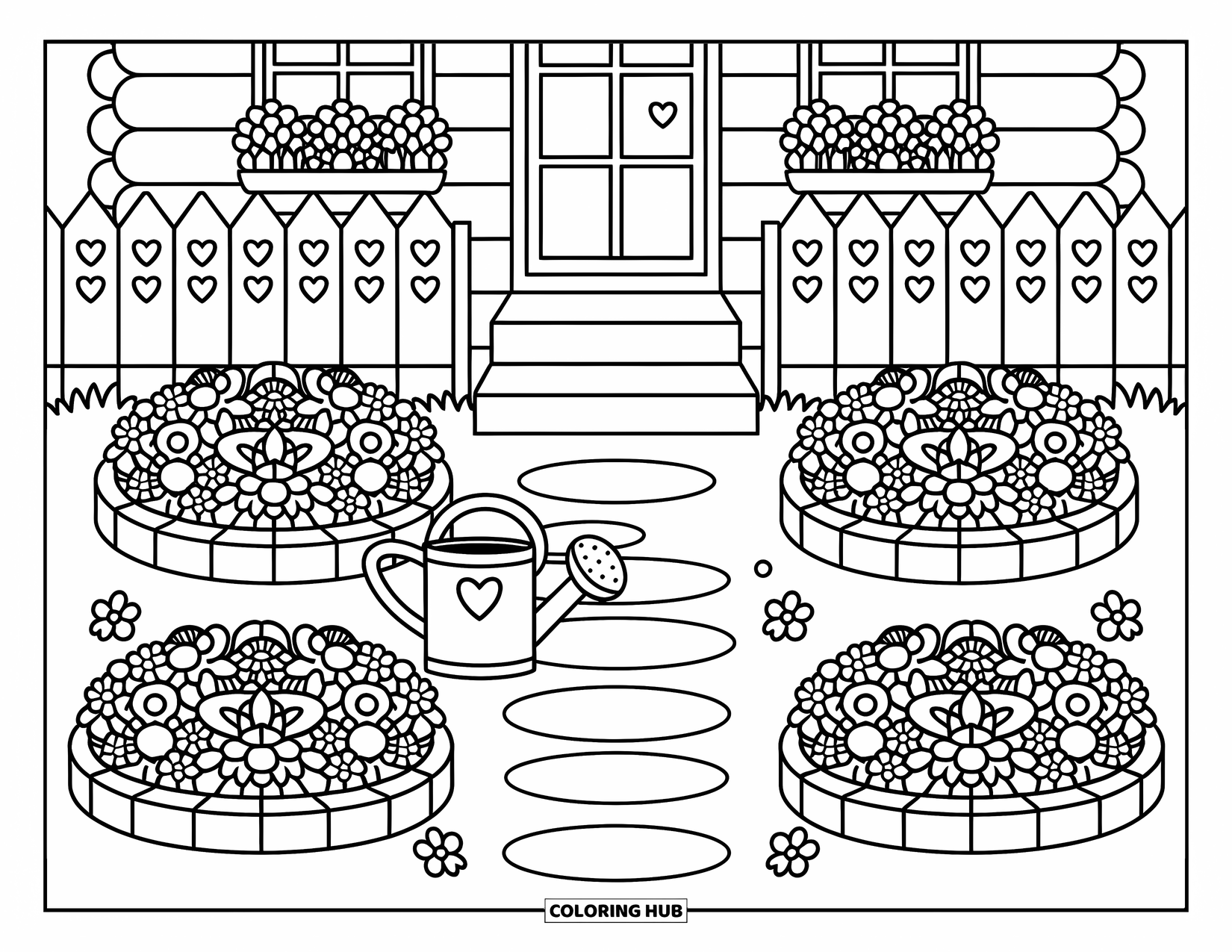 Log Cabin Coloring Page for Adults: Cabin with blooming flower beds, potted plants, and a heart-shaped fence