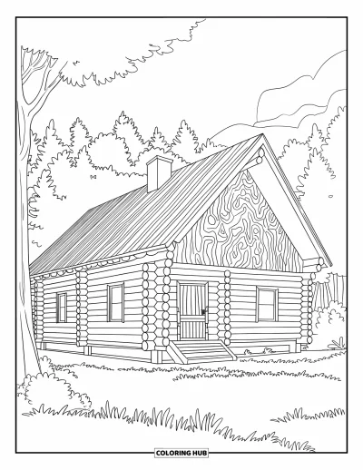 Desenho de cabana de madeira para colorir para adultos: Cabana com chaminé e grão da madeira detalhado em cenário de floresta