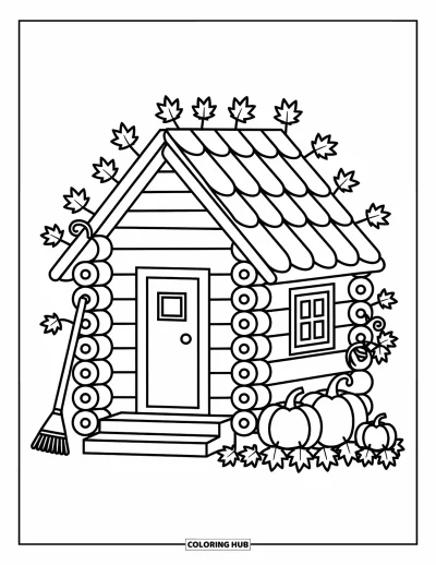 Desenho de cabana de madeira para colorir para adultos: Cabana com abóboras, folhas caindo e um ancinho apoiado na parede
