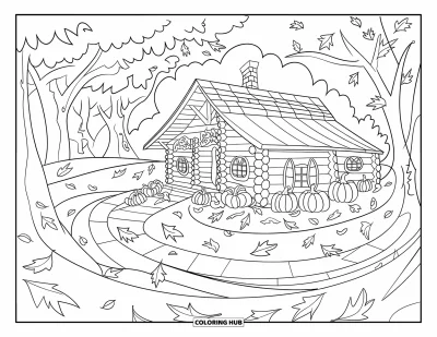 Desenho de cabana de madeira para colorir para adultos: Cabana encantadora no outono com abóboras e um caminho iluminado por lanternas