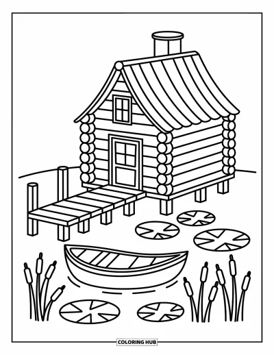 Desenho de cabana de madeira para colorir para adultos: Cabana confortável sobre um lago com vitórias-régias e uma canoa amarrada por perto