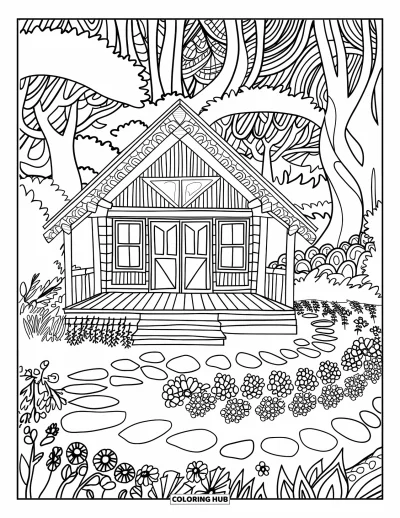 Desenho de cabana de madeira para colorir para adultos: Cabana confortável em uma clareira com caminhos de pedra e flores silvestres