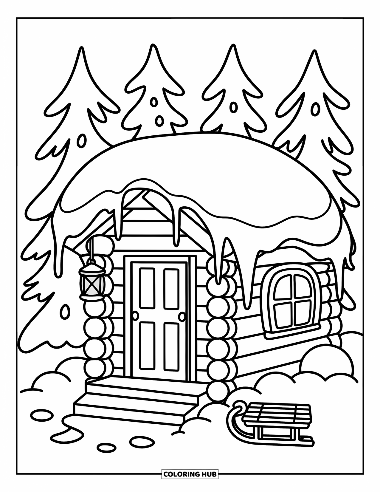 Log Cabin Coloring Page for Adults: Cozy cabin in winter with snow, a lantern, and pine trees all around
