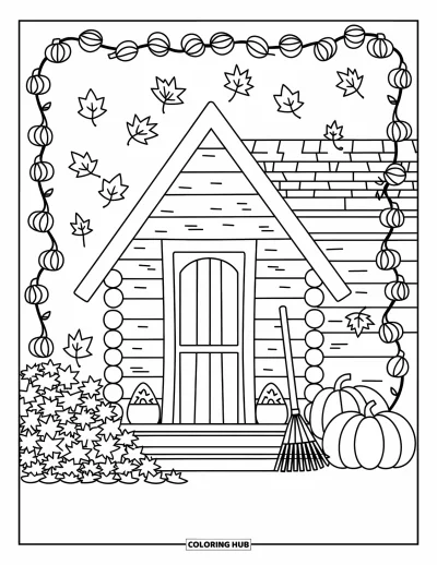 Desenho de cabana de madeira para colorir para adultos: Cena de outono com cabana acolhedora, monte de folhas e trepadeiras com abóboras