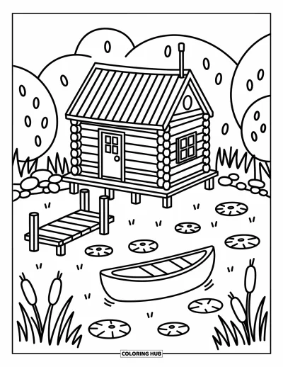 Desenho de cabana de madeira para colorir para adultos: Cabana sobre palafitas à beira do lago com canoa, vitórias-régias e pequeno trapiche