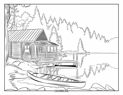Desenho de cabana de madeira para colorir para adultos: Cabana à beira do lago com pier, canoa e árvores ao redor