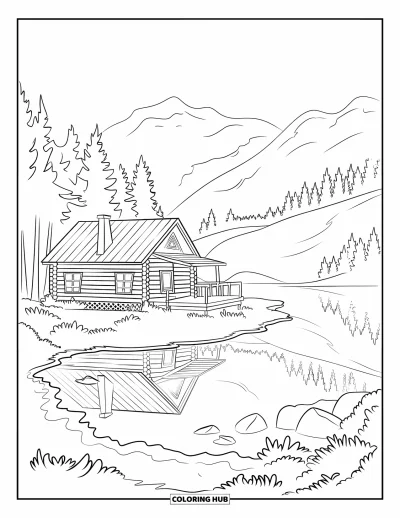 Desenho de cabana de madeira para colorir para adultos: Cabana à beira do lago com pinheiros, montanhas suaves e margem rochosa
