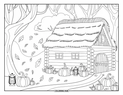 Desenho de cabana de madeira para colorir para adultos: Cabana de troncos no outono com folhas redemoinhando e decoração de abóboras