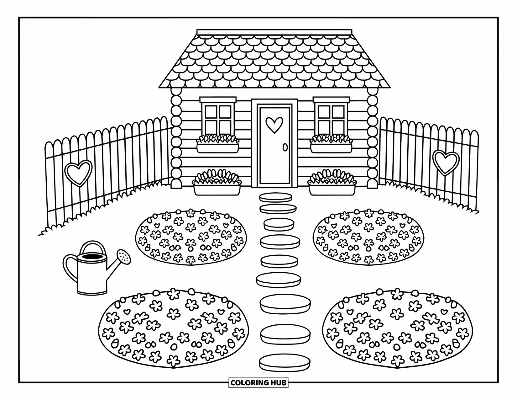 Log Cabin Coloring Page for Adults: Log cabin with flowers, a heart fence, and a tiny watering can