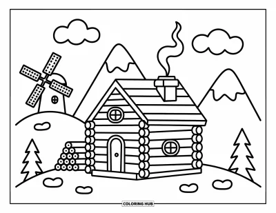 Desenho de cabana de madeira para colorir para adultos: Cabana no topo da montanha com fumaça, moinho de vento e nuvens abraçando os picos distantes