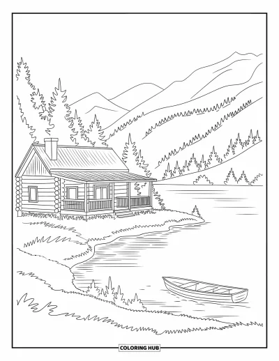 Desenho de cabana de madeira para colorir para adultos: Cabana tranquila à beira do lago com pinheiros e um barco a remo
