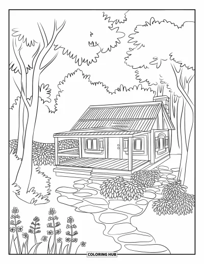 Desenho de cabana de madeira para colorir para adultos: Cabana serena na floresta com camadas de folhas e flores