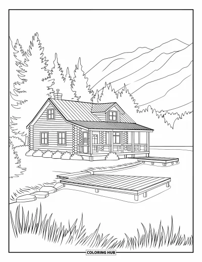 Desenho de cabana de madeira para colorir para adultos: Cabana tranquila com trapiche, chaminé, árvores e curvas de montanhas ao longe