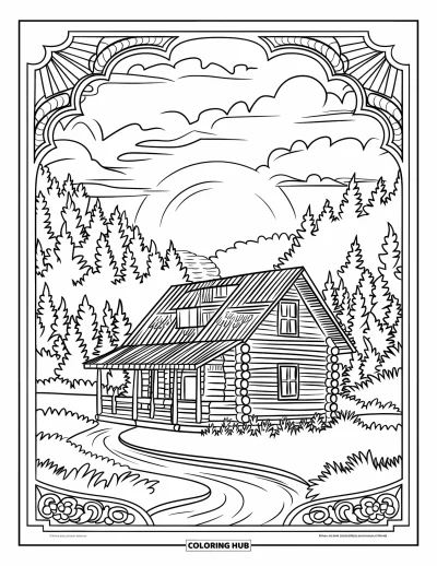 Desenho de cabana de madeira para colorir para adultos: Cabana rústica à beira do rio ao entardecer com nuvens e vista para a floresta