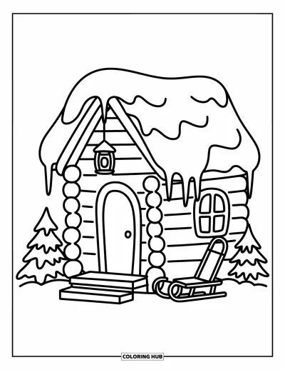 Desenho de cabana de madeira para colorir para adultos: Cabana coberta de neve com pingentes de gelo, pinheiros e um trenó encantador
