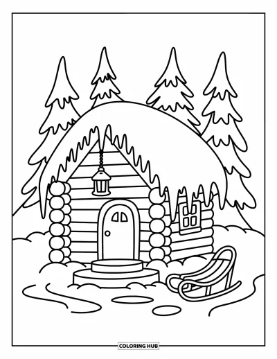 Desenho de cabana de madeira para colorir para adultos: Cabana nevada com telhado curvo, pingentes de gelo, pinheiros e um pequeno trenó