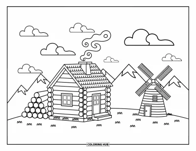 Desenho de cabana de madeira para colorir para adultos: Pequena cabana entre nuvens com fumaça, moinho de vento e contornos suaves de montanhas