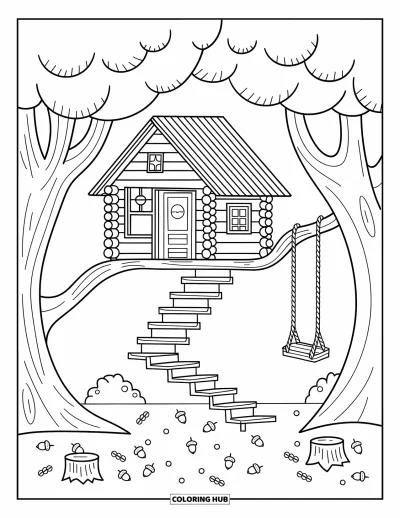 Desenho de cabana de madeira para colorir para adultos: Casa na árvore entre troncos rechonchudos com escadas, balanço e detalhes da floresta