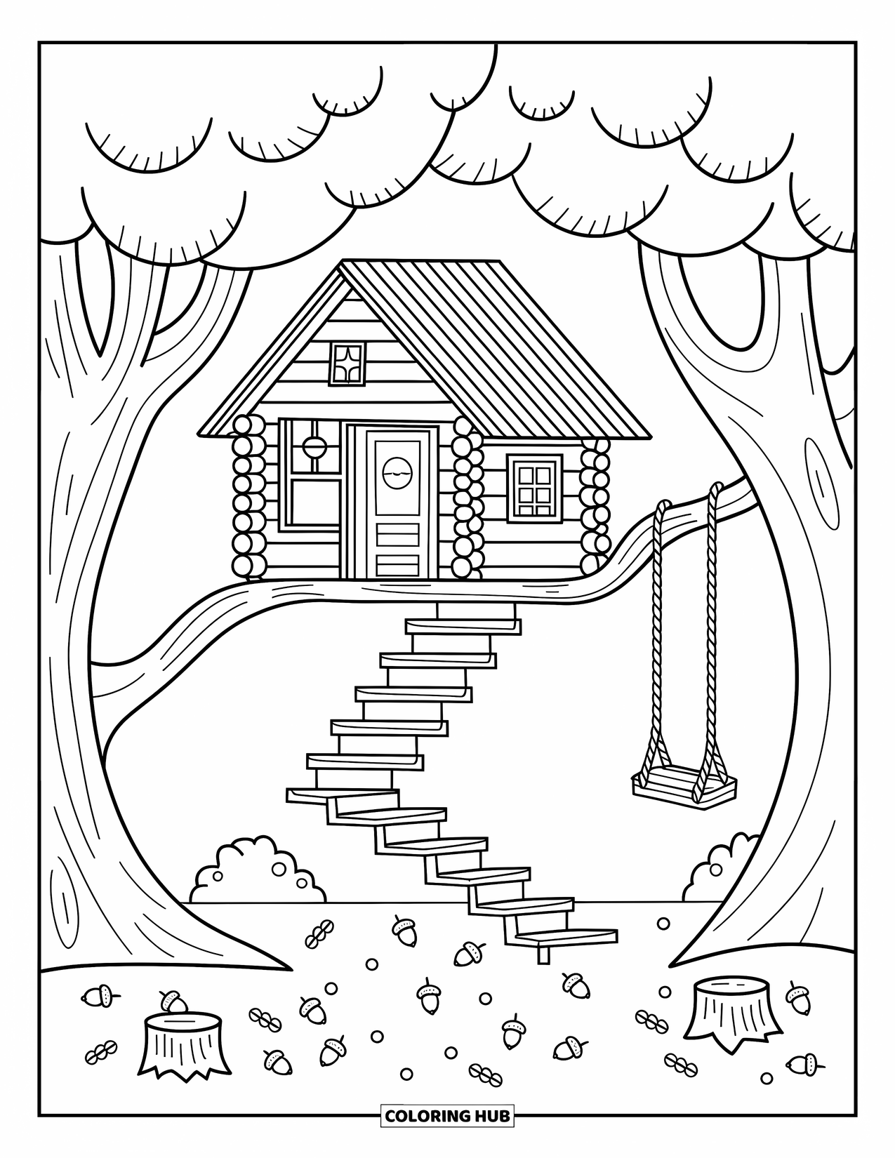 Log Cabin Coloring Page for Adults: Treehouse cabin between chubby trees with stairs, swing, and tiny forest details
