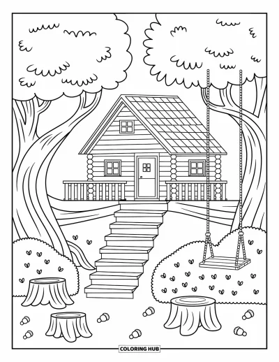Desenho de cabana de madeira para colorir para adultos: Casa na árvore entre árvores redondas com escadas, balanço e chão da floresta bem detalhado