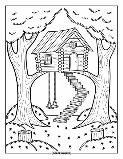 Desenho de cabana de madeira para colorir para adultos: Casa na árvore com balanço, escada sinuosa e bolotas no chão