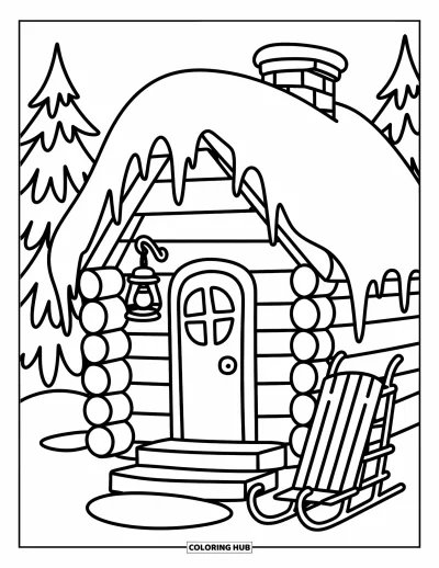Desenho de cabana de madeira para colorir para adultos: Cabana nevada com lanterna, telhado coberto de neve, pinheiros e um trenó encostado