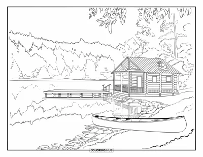 Desenho de cabana de madeira para colorir para adultos: Cabana de madeira com pier, vista para o lago e canoa descansando ao lado
