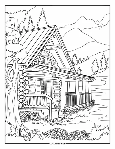 Desenho de cabana de madeira para colorir para adultos: Cabana na floresta com detalhes elaborados, árvores e montanhas ao fundo