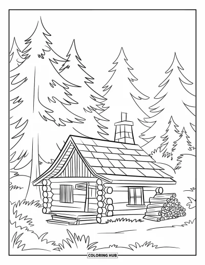 Desenho de cabana de madeira para colorir para crianças: Cabana entre pinheiros com pilha de lenha e chão macio da floresta