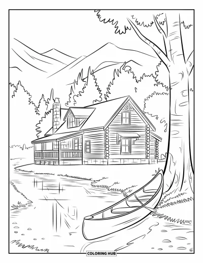 Desenho de cabana de madeira para colorir para crianças: Cabana à beira de um rio com canoa amarrada perto das árvores e montanhas