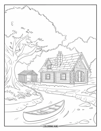 Desenho de cabana de madeira para colorir para crianças: Cabana à beira de um rio calmo com canoa, árvores e uma escada de madeira