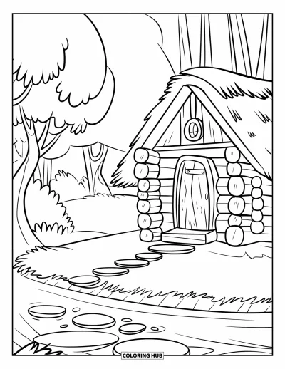 Desenho de cabana de madeira para colorir para crianças: Cabana perto de um riacho calmo com árvores de folhas redondas e vista tranquila da floresta
