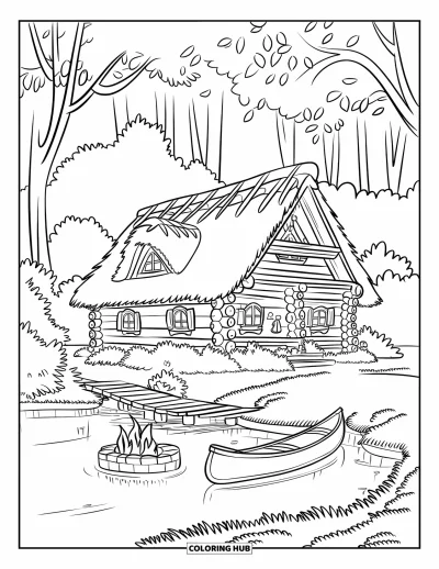 Desenho de cabana de madeira para colorir para crianças: Cabana à beira do rio com trapiche, canoa, ponte e uma fogueira acesa