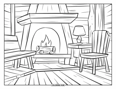 Desenho de cabana de madeira para colorir para crianças: Interior de cabana com lareira crepitante, banco de madeira e luminária de mesa