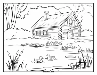 Desenho de cabana de madeira para colorir para crianças: Cabana perto de um lago com patos nadando e taboa crescendo na margem