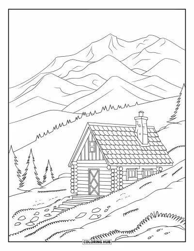 Desenho de cabana de madeira para colorir para crianças: Cabana em uma colina com fumaça na chaminé, árvores da floresta e vistas de montanhas em camadas