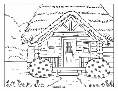 Desenho de cabana de madeira para colorir para crianças: Varanda da cabana emoldurada por arbustos floridos em um campo coberto de flores silvestres