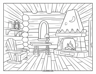 Desenho de cabana de madeira para colorir para crianças: Interior de cabana com lareira, cadeira de madeira e prateleira com detalhes aconchegantes
