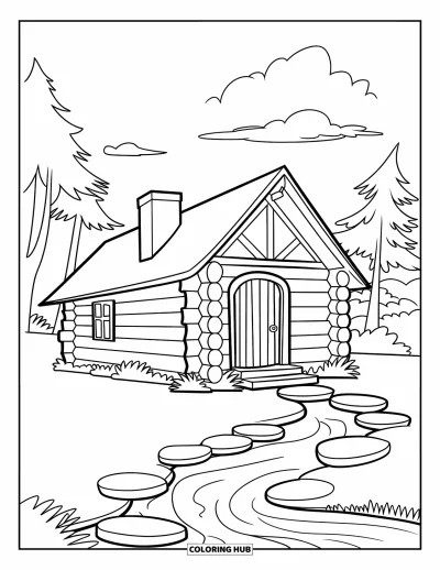 Desenho de cabana de madeira para colorir para crianças: Cabana perto de um riacho com pedras de travessia e nuvens fofas acima